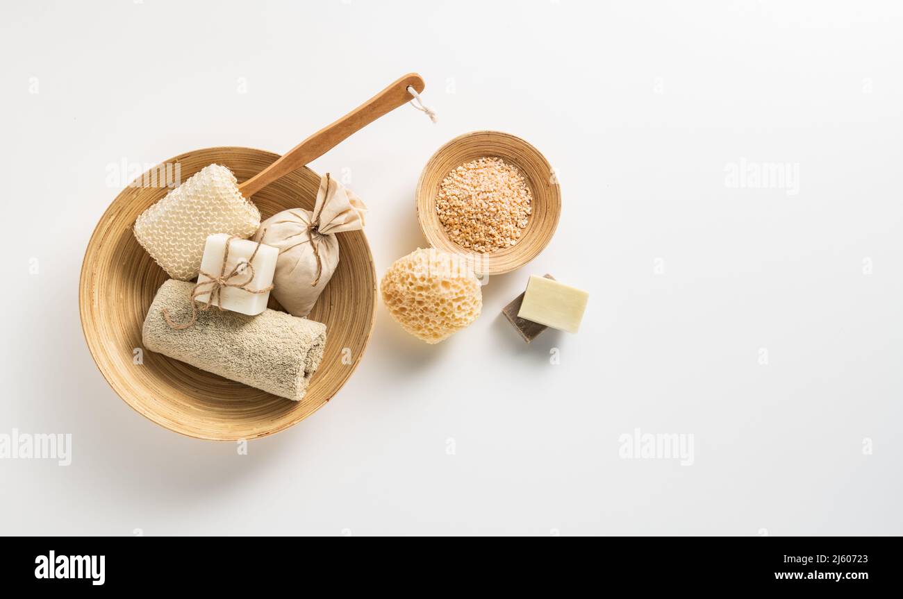 Bathroom accessories on white background with space for text and graphics. Stock Photo