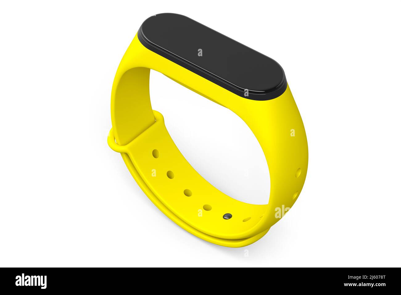 Yellow fitness tracker or smart watch with heart rate monitor isolated ...