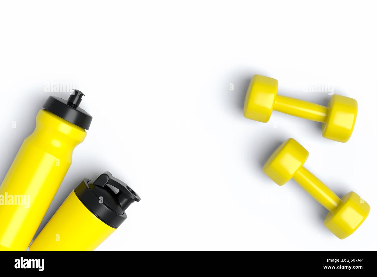 Isometric view of sport equipment like water bottle and dumbbell on
