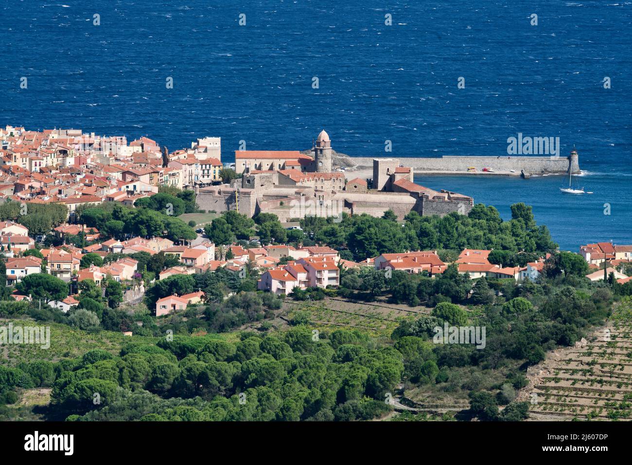 Wine, sea and city of Collioure Stock Photo