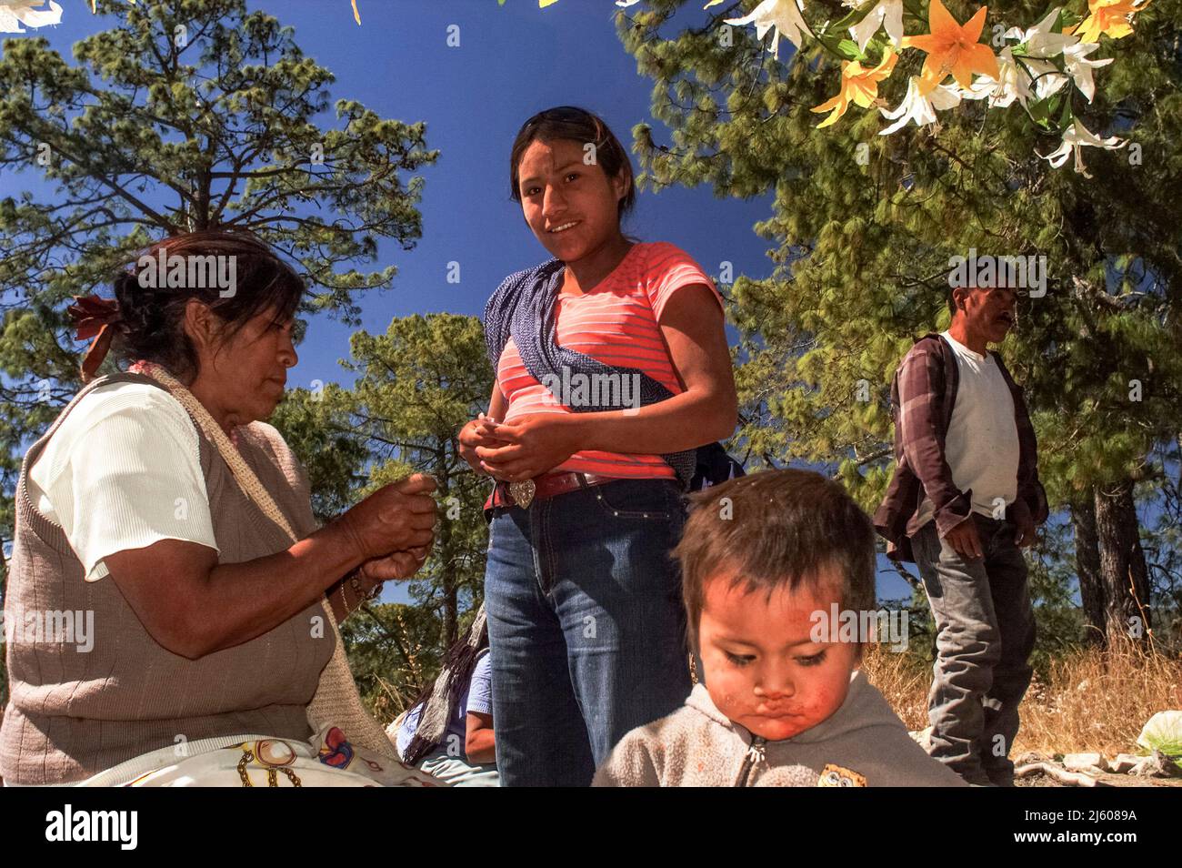 During the celebrations of 'El Señor de la Columna' in the sanctuary of Yosonotú, during which the Mixteco and Triqui groups perform traditional rituals such as 'el pedimento'. Yosonotu, Oaxaca, Mexico. Stock Photo