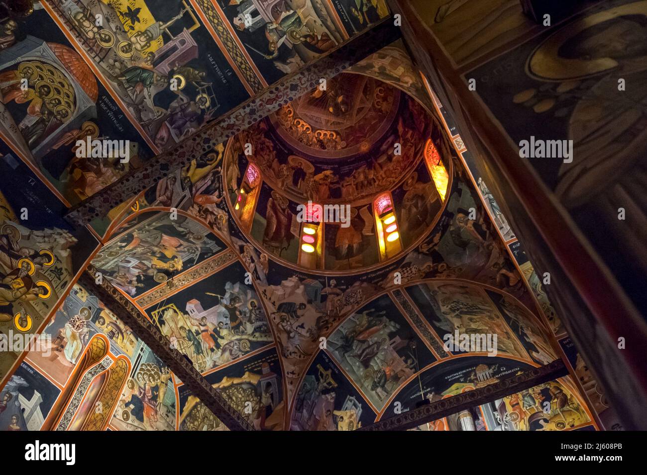 Interior of Greek Orthodox Church inside the Monastery of Agioi pantes with painting of saints