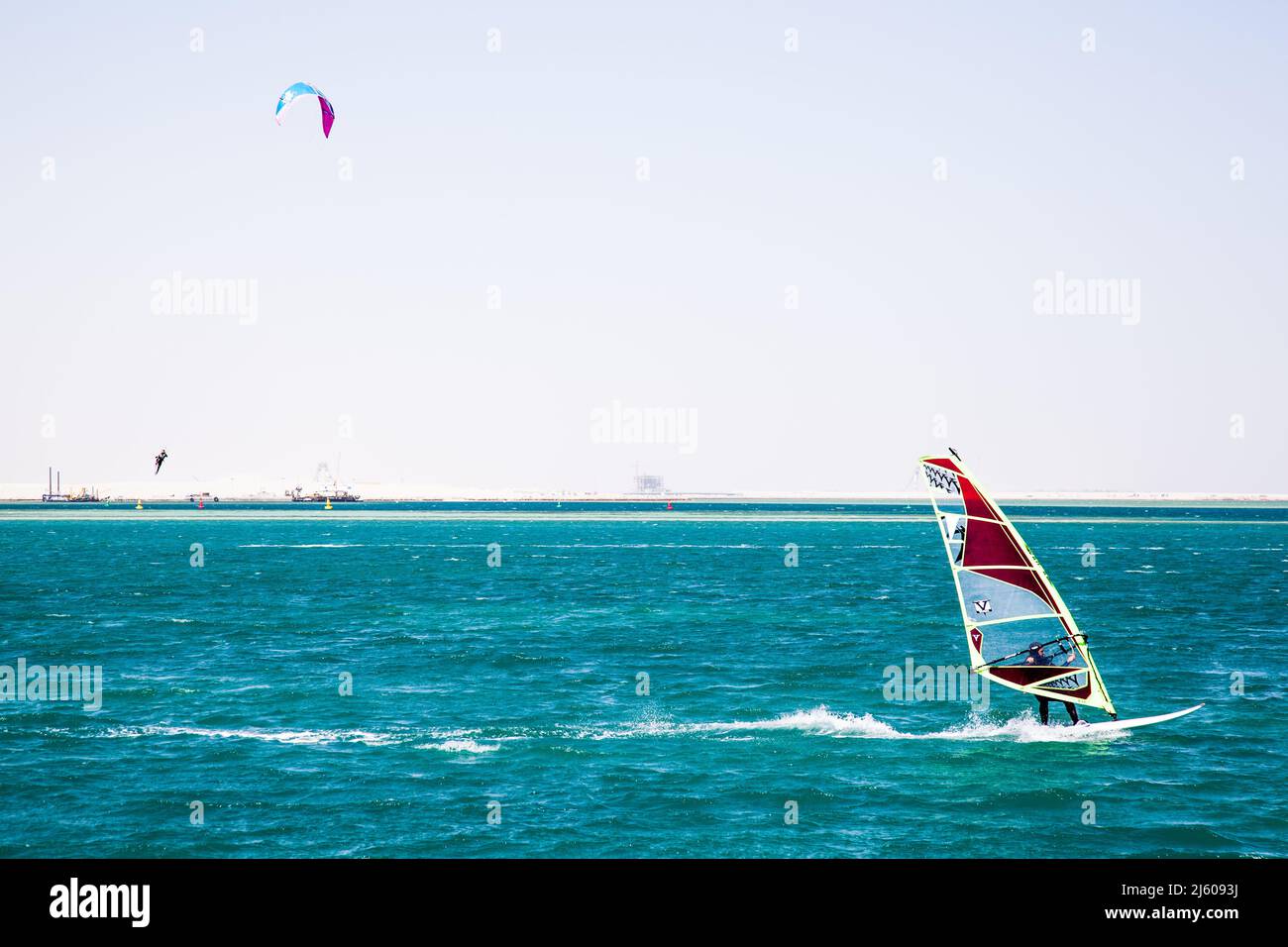 Doha, QatarFebruary 14,2016 Kiteboarding on the waters of an