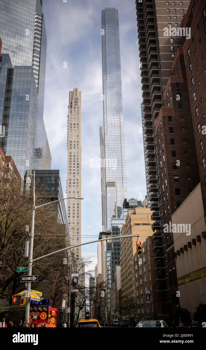 Billionaire’s Row, a collection of super-tall residences for the uber-rich mostly on West 57th Street on Saturday, April 16, 2022. Media reports that some Russian oligarchs are selling their Billionaire’s Row properties prior to expected asset freezes and sanctions. (© Richard B. Levine) Stock Photo