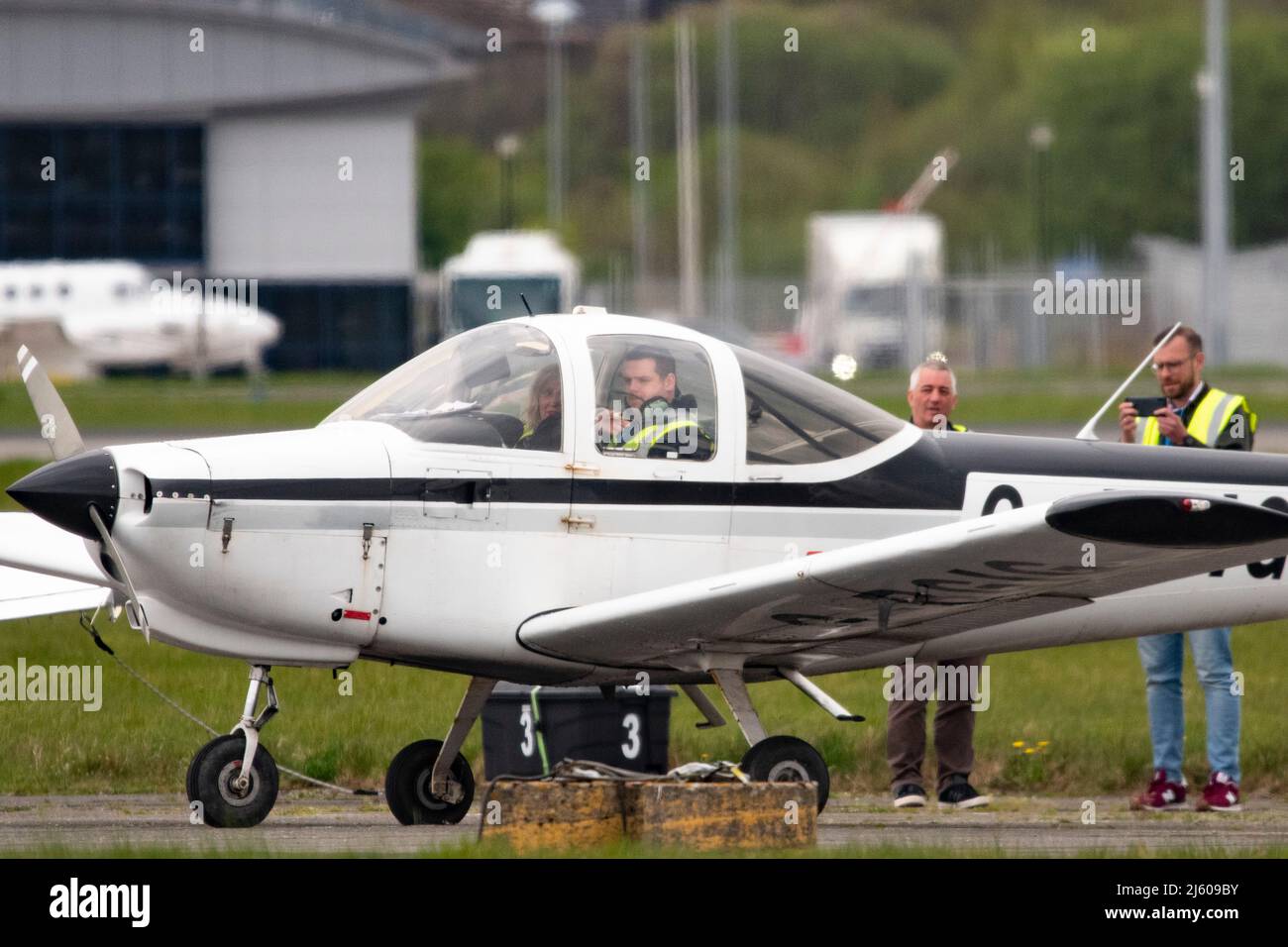 Glasgow, Scotland, UK. 26th Apr, 2022. PICTURED: Scottish Conservative Leader Douglas Ross campaign event takes flight in a plane at Glasgow Airport ahead of the local government elections. Credit: Colin Fisher/Alamy Live News Stock Photo