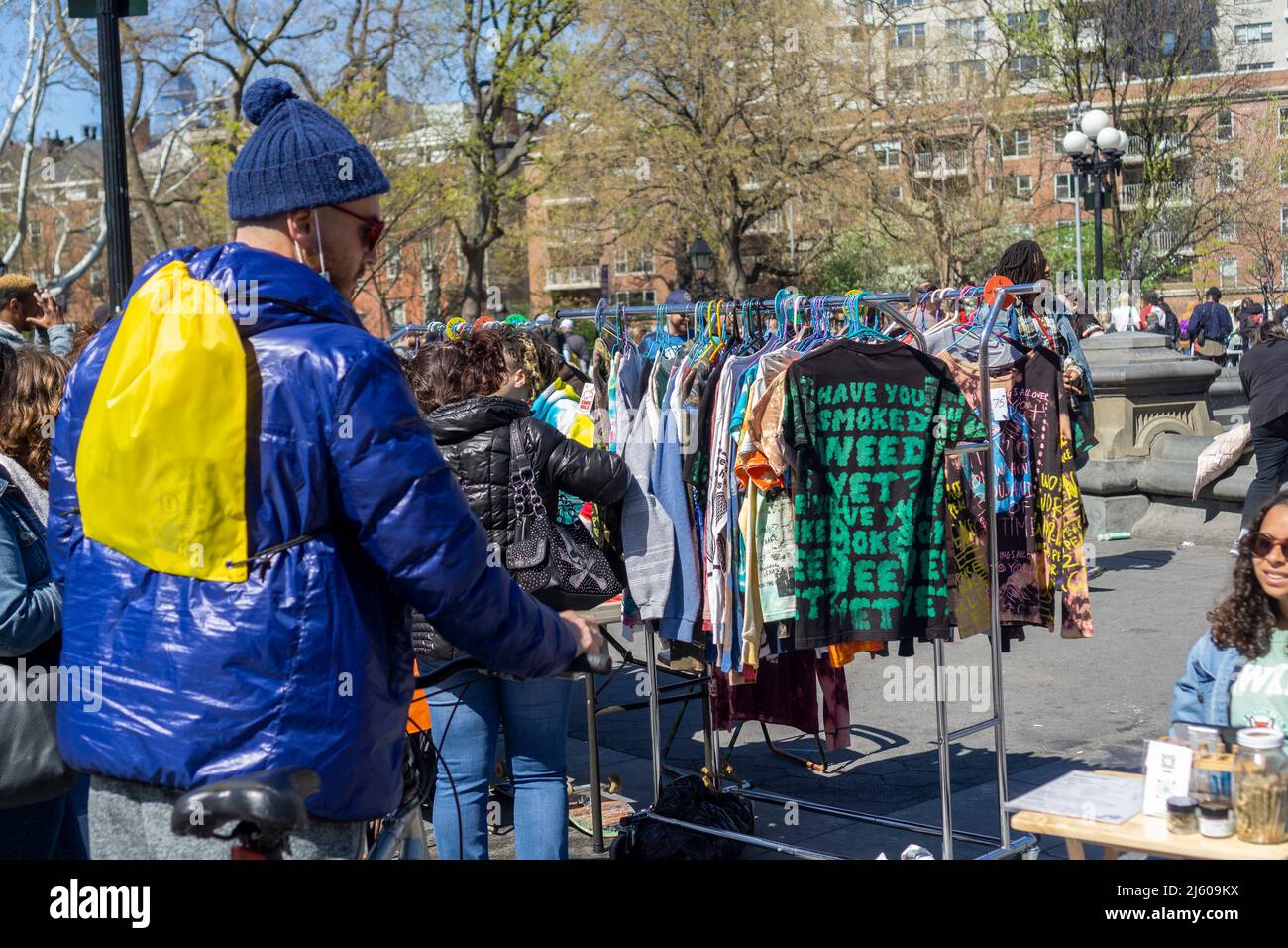 ÒPotrepreneursÓ flock to Washington Square Park in New York on Wednesday, April 20, 2022 to sell their marijuana related wares and to celebrate Ò4/20Ó, the unofficial cannabis holiday. New York legalized marijuana in 2021. (© Richard B. Levine) Stock Photo