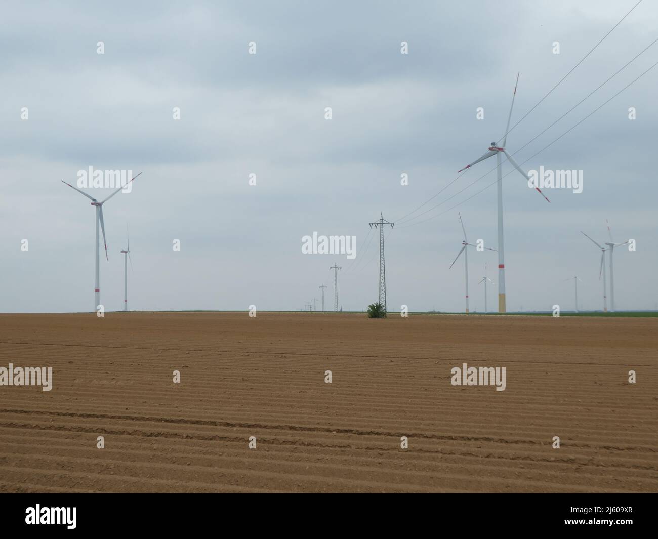 Wind turbines in rural landscape in springtime Stock Photo