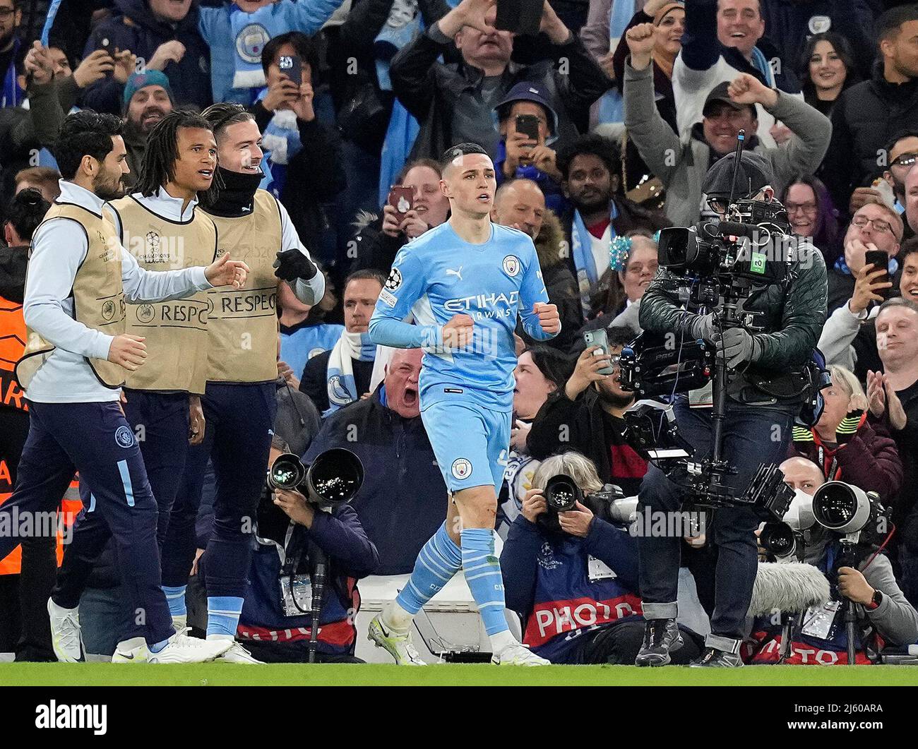 Manchester, England, 26th April 2022.  Phil Foden of Manchester City celebrates scoring their third goal during the UEFA Champions League match at the Etihad Stadium, Manchester. Picture credit should read: Andrew Yates / Sportimage Credit: Sportimage/Alamy Live News Stock Photo