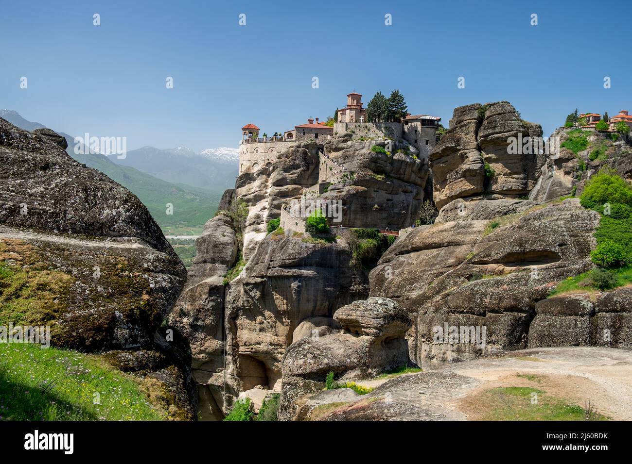 Landscape of Greek Orthodox Monasteries on the top of steep rocks Stock ...