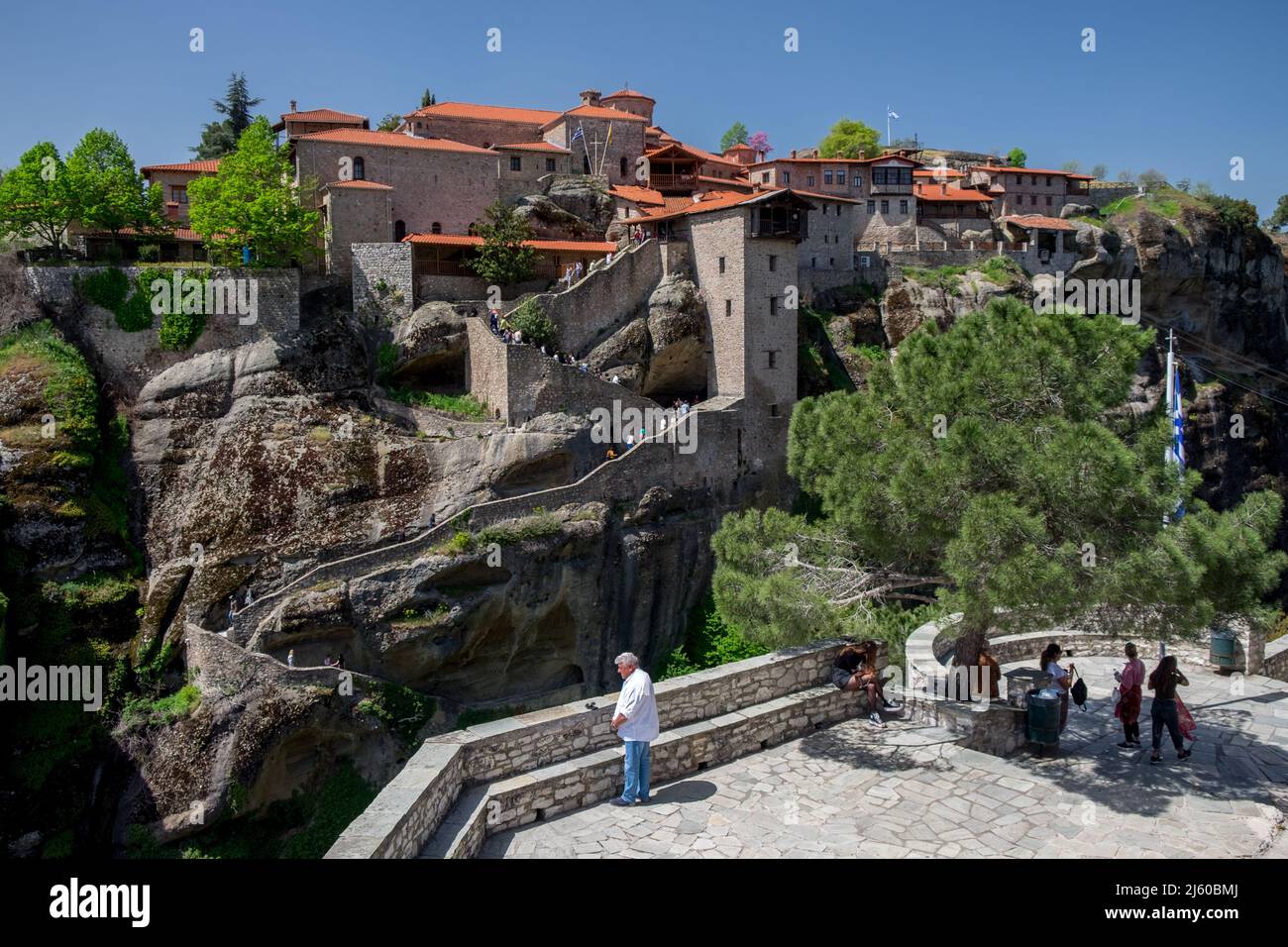 Landscape of Greek Orthodox  Monasteries on the top of steep rocks Stock Photo