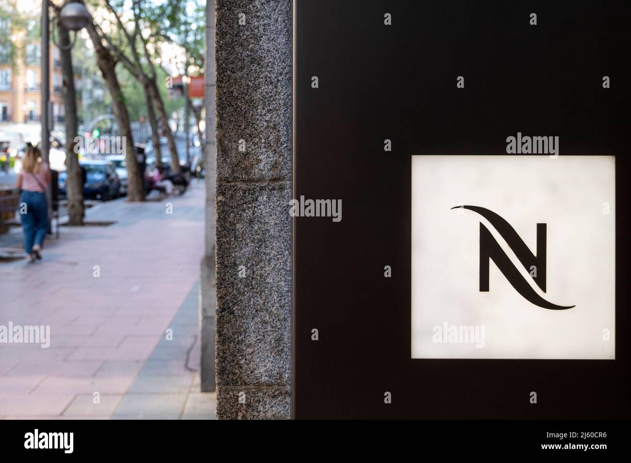 Madrid, Spain. 26th Apr, 2022. Swiss high-end and world leader in coffee capsules brand Nespresso logo seen at its store entrance in Spain. (Photo by Xavi Lopez/SOPA Images/Sipa USA) Credit: Sipa USA/Alamy Live News Stock Photo