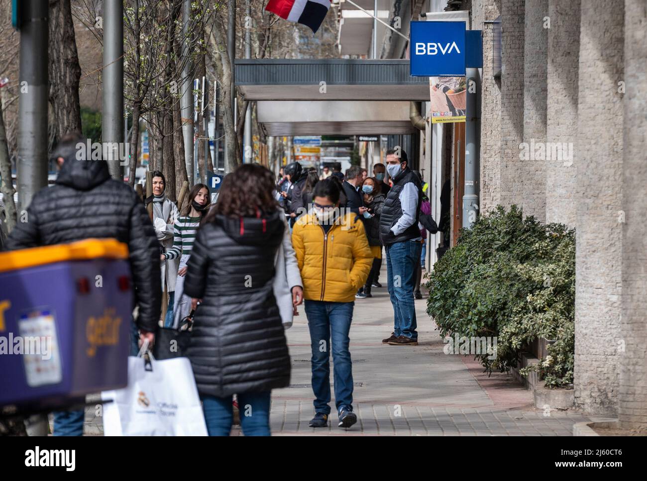 Madrid, Spain. 19th Mar, 2022. Pedestrians walk past the Spanish multinational Banco Bilbao Vizcaya Argentaria SA (BBVA) bank in Spain. (Photo by Xavi Lopez/SOPA Images/Sipa USA) Credit: Sipa USA/Alamy Live News Stock Photo