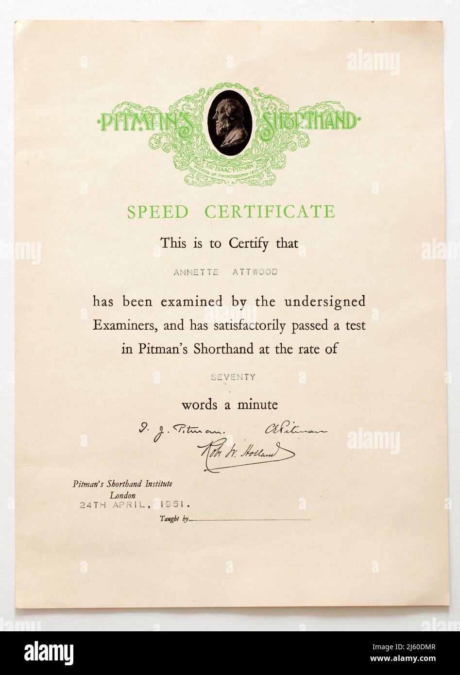 1950s Pitmans Shorthand Speed Certificate Stock Photo Alamy
