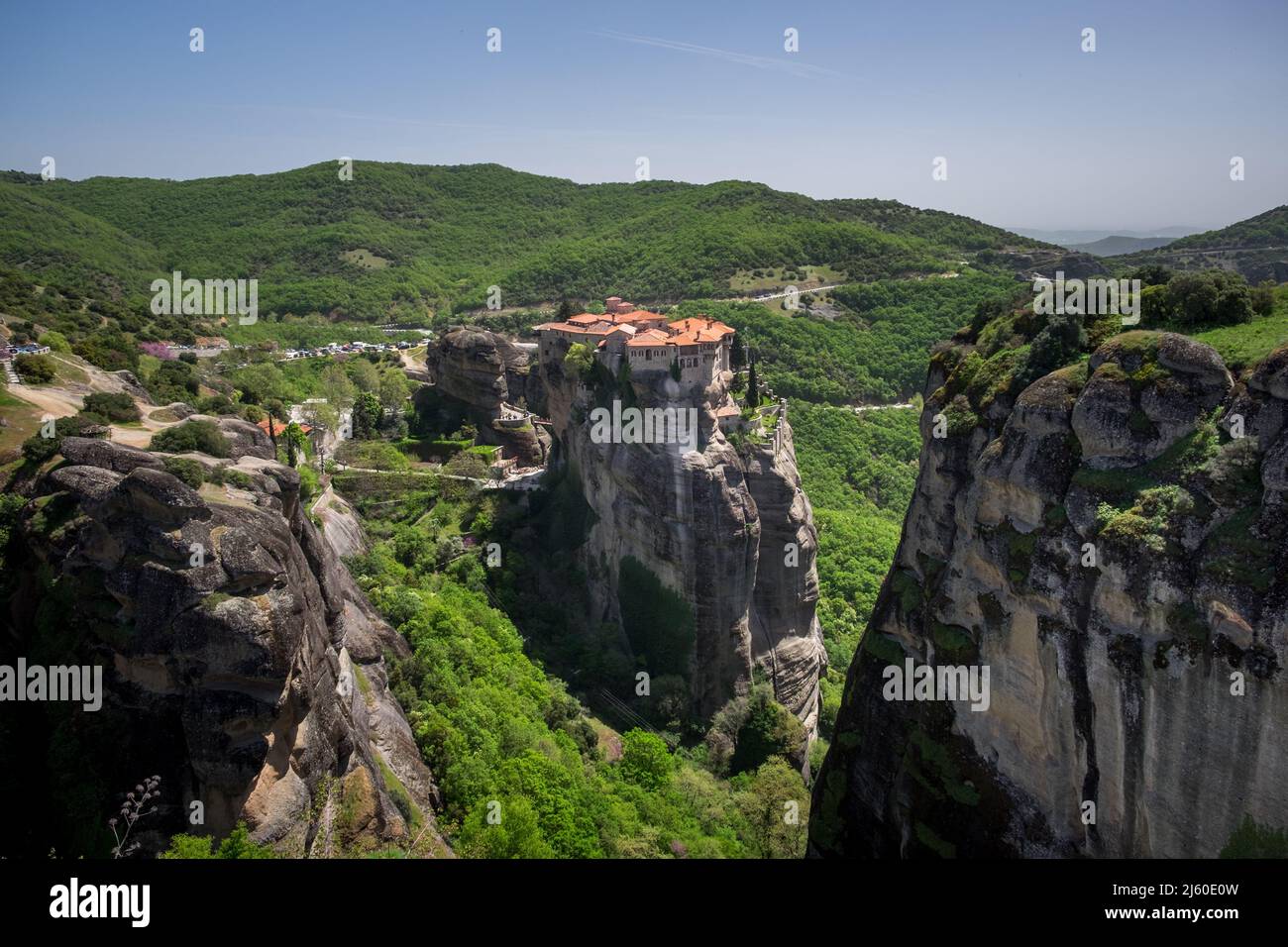 Landscape of Greek Orthodox Monasteries on the top of steep rocks Stock ...