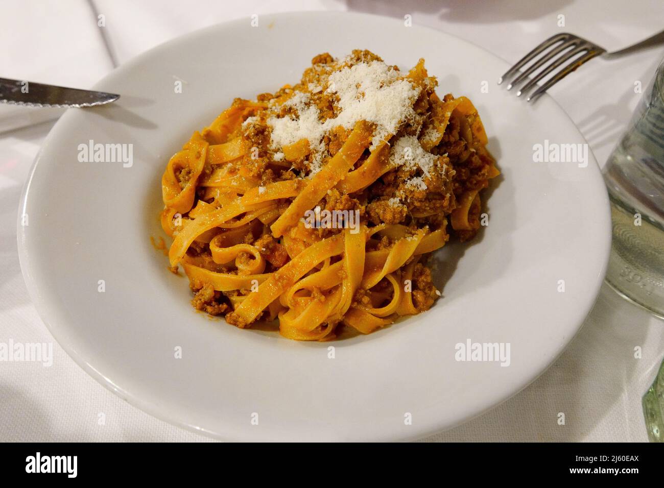 Ragù (spaghetti bolognese) at a restaurant table in Bologna, EmiliaRomagna, northern Italy