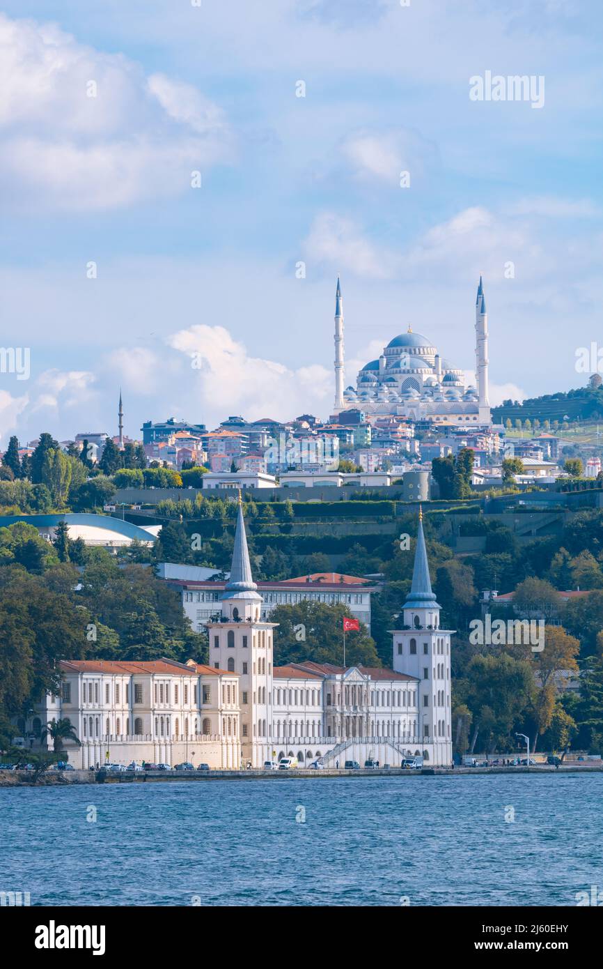Istanbul view. Kuleli Military School and Camlica Mosque in Istanbul. New and old Turkey concept photo. Stock Photo