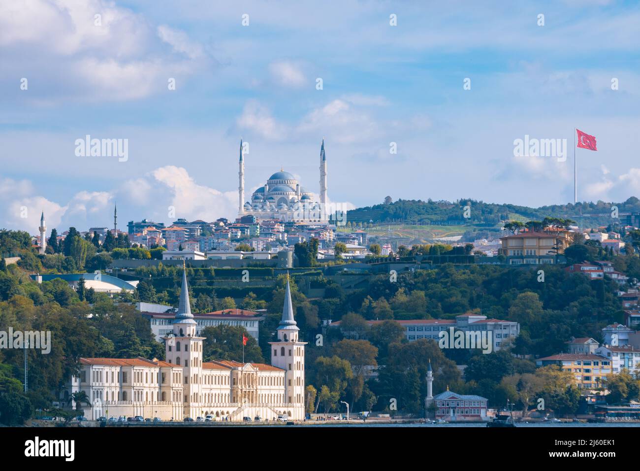Camlica Tower and Kuleli Military School in Istanbul from Arnavutkoy District. Landmarks of Istanbul background photo. New and old Turkey concept phot Stock Photo