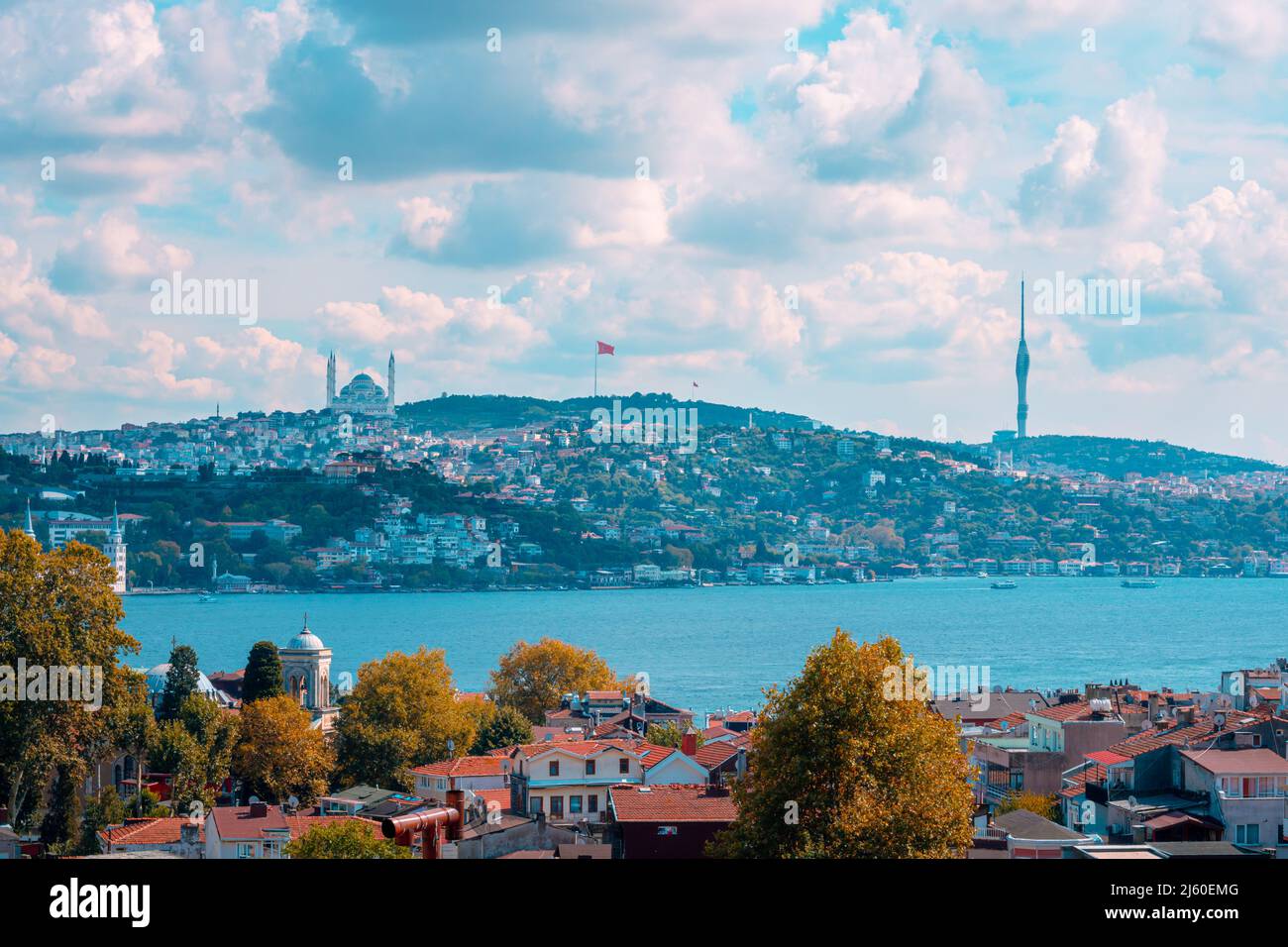 Cityscape of Anatolian side of Istanbul from Arnavutkoy district. Kuleli Military school and Camlica Mosque and Camlica Tower on the background with B Stock Photo