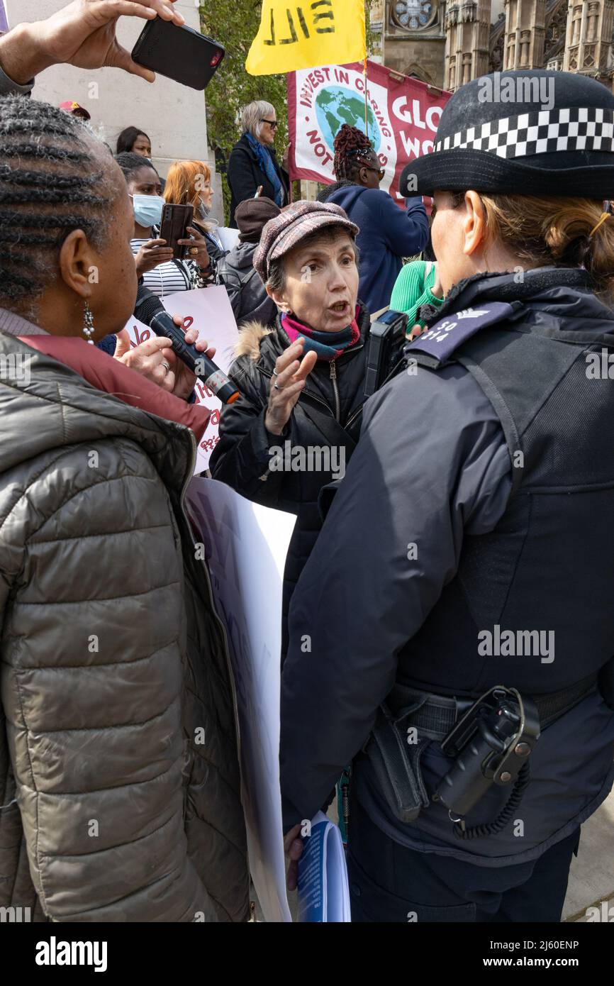 London, England, UK 26 April 2022 All African Women's Group and Women of Colour protest against the Nationalities and Borders Bill at the House of Lords. The protest was forcibly shut down and women threatened with arrest due to the use of a microphone and speaker through which the women were giving speeches. Stock Photo