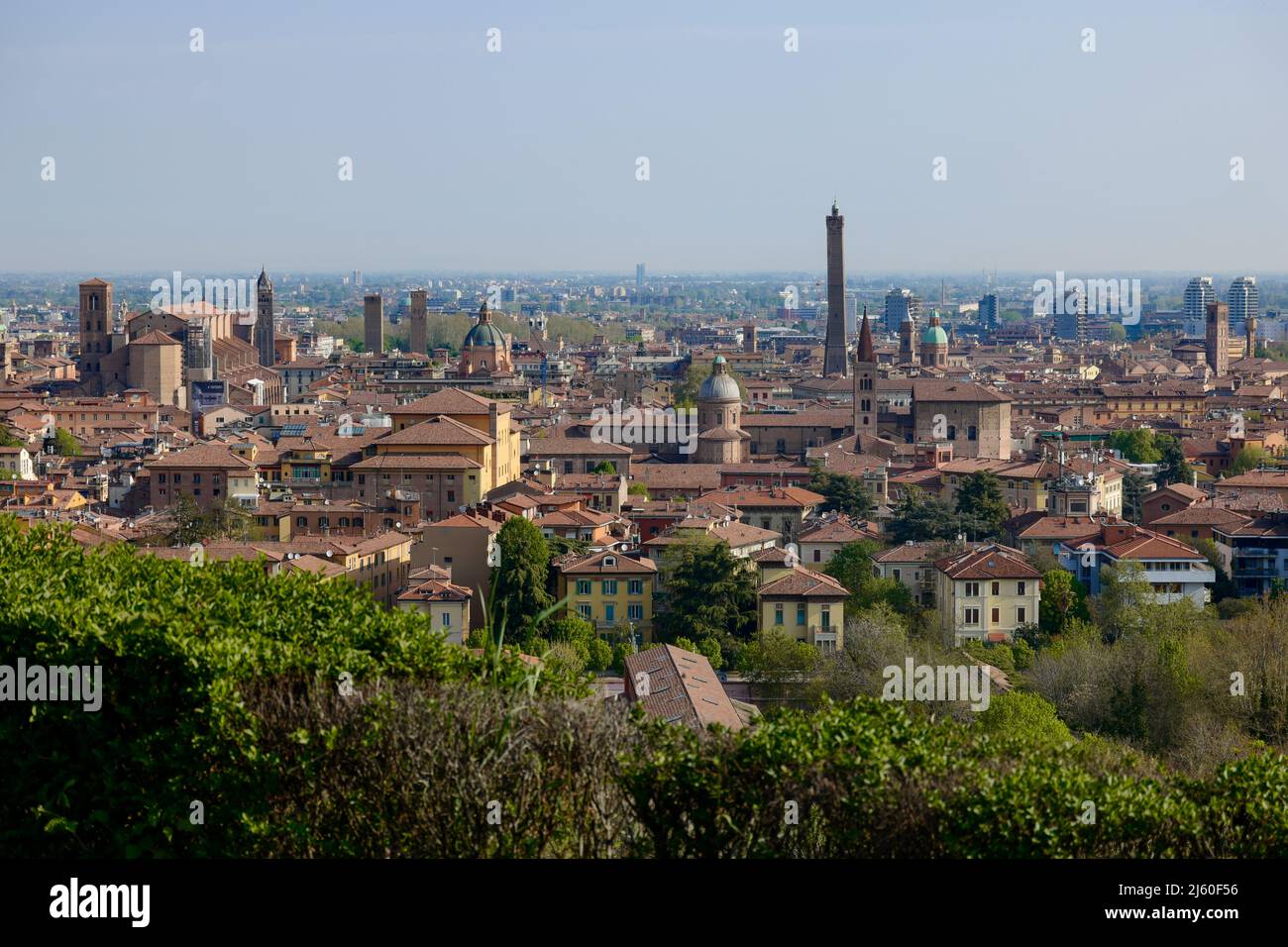 Bologna city skyline panoramic view from Church of San Michele in Bosco, Bologna, Emilia-Romagna, northern Italy, April 2022 Stock Photo