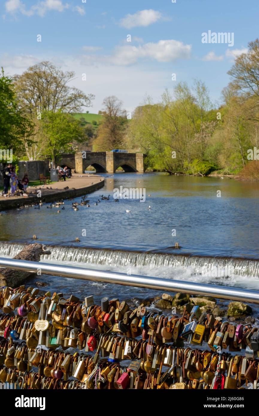 Love Locks on the Weir Bridge, over the River Wye, Bakewell, Derbyshire