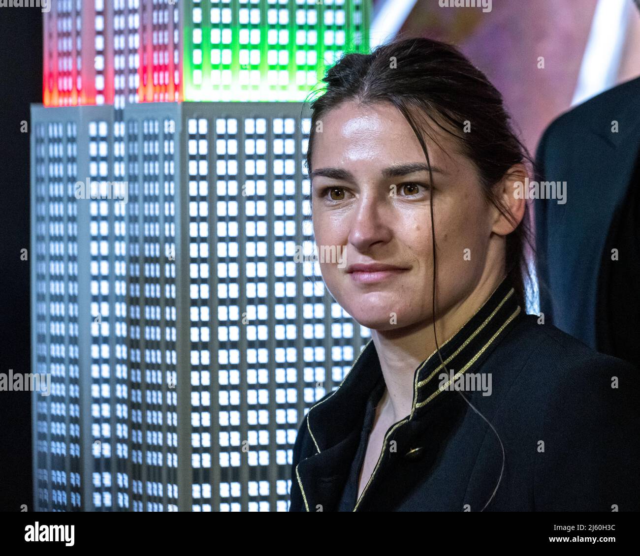 New York, USA. 26th Apr, 2022. Undisputed World Lightweight Champion Katie Taylor of Ireland poses during a promotional event at the Empire State building. Taylor and and Seven-division World Champion Amanda Serrano of Puerto Rico, the top two female boxers in the world, turned on the lights of the iconic New York City landmark with the colors of Ireland and Puerto Rico ahead of their history-making fight at the Madison Square Garden for the undisputed World Lightweight Title on Saturday. Credit: Enrique Shore/Alamy Live News Stock Photo