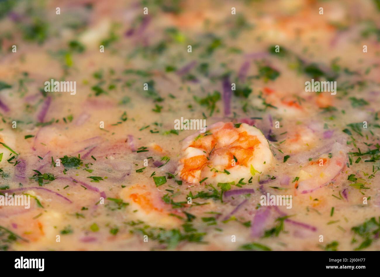 Close up of an ecuadorian shrimp ceviche, Esmeraldas province, Ecuador. Stock Photo