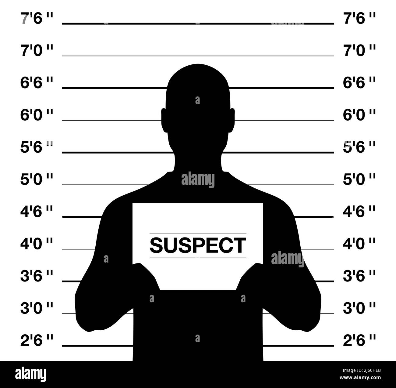Male suspect mugshot, vector illustration. Anonymus man standing on a criminal photo shooting background. Stock Vector