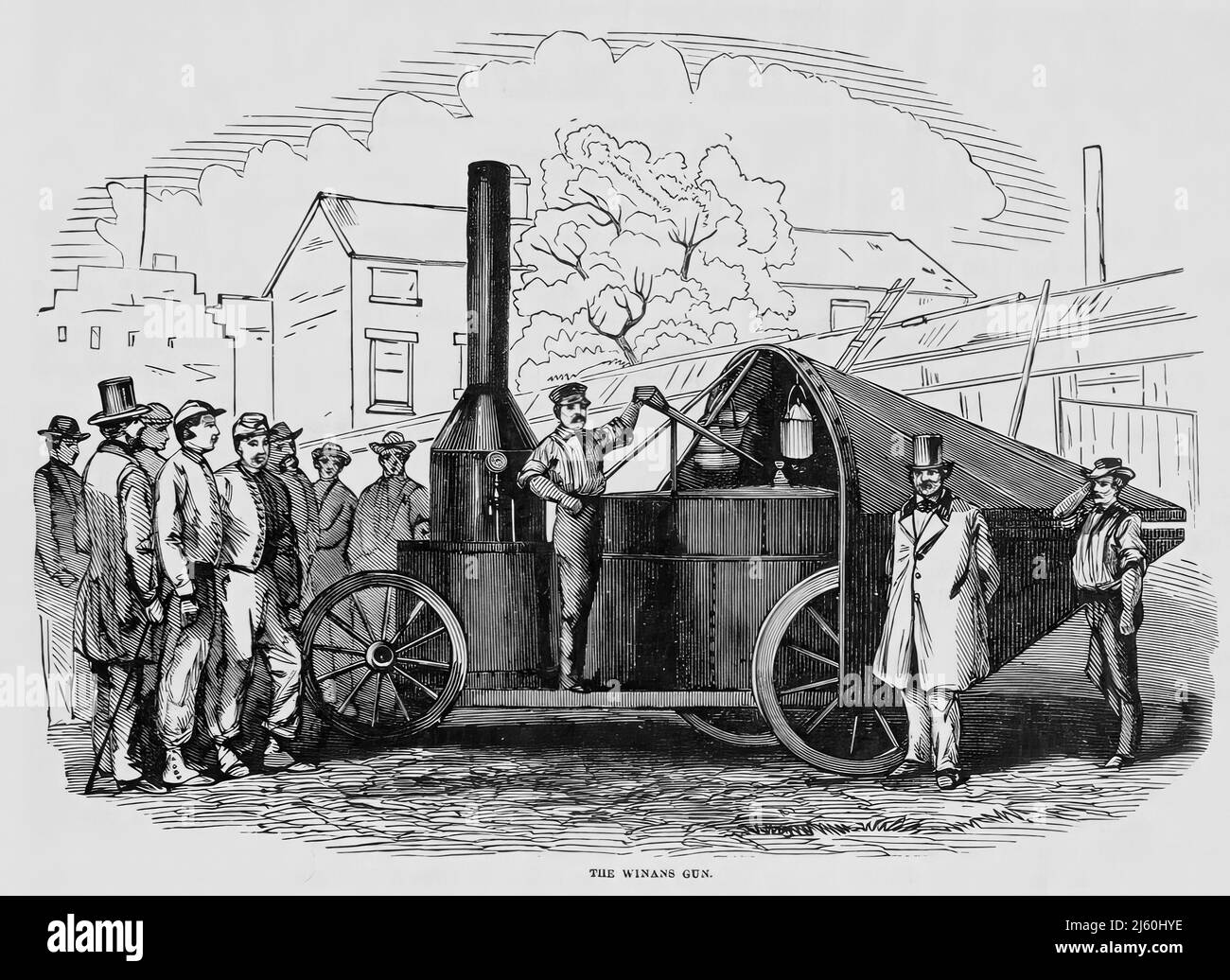 The Winans Steam Gun in the American Civil War. 19th century illustration Stock Photo