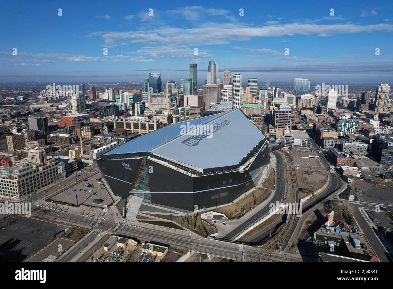 An aerial view of US Bank Stadium, the home of the Minnesota Vikings, Saturday, Apr. 2, 2022, in Minneapolis. Stock Photo