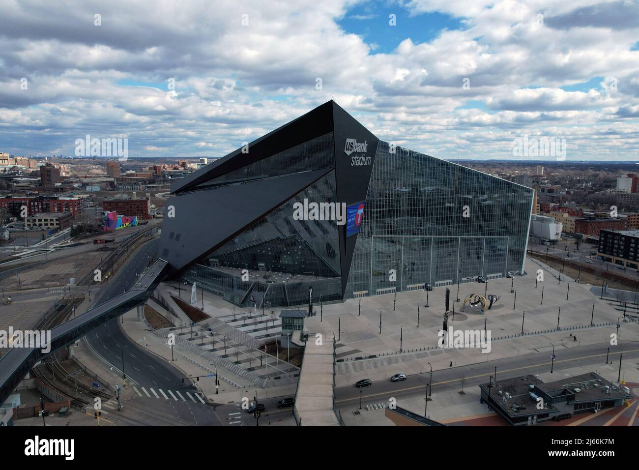 An aerial view of US Bank Stadium, the home of the Minnesota Vikings, Saturday, Apr. 2, 2022, in Minneapolis. Stock Photo