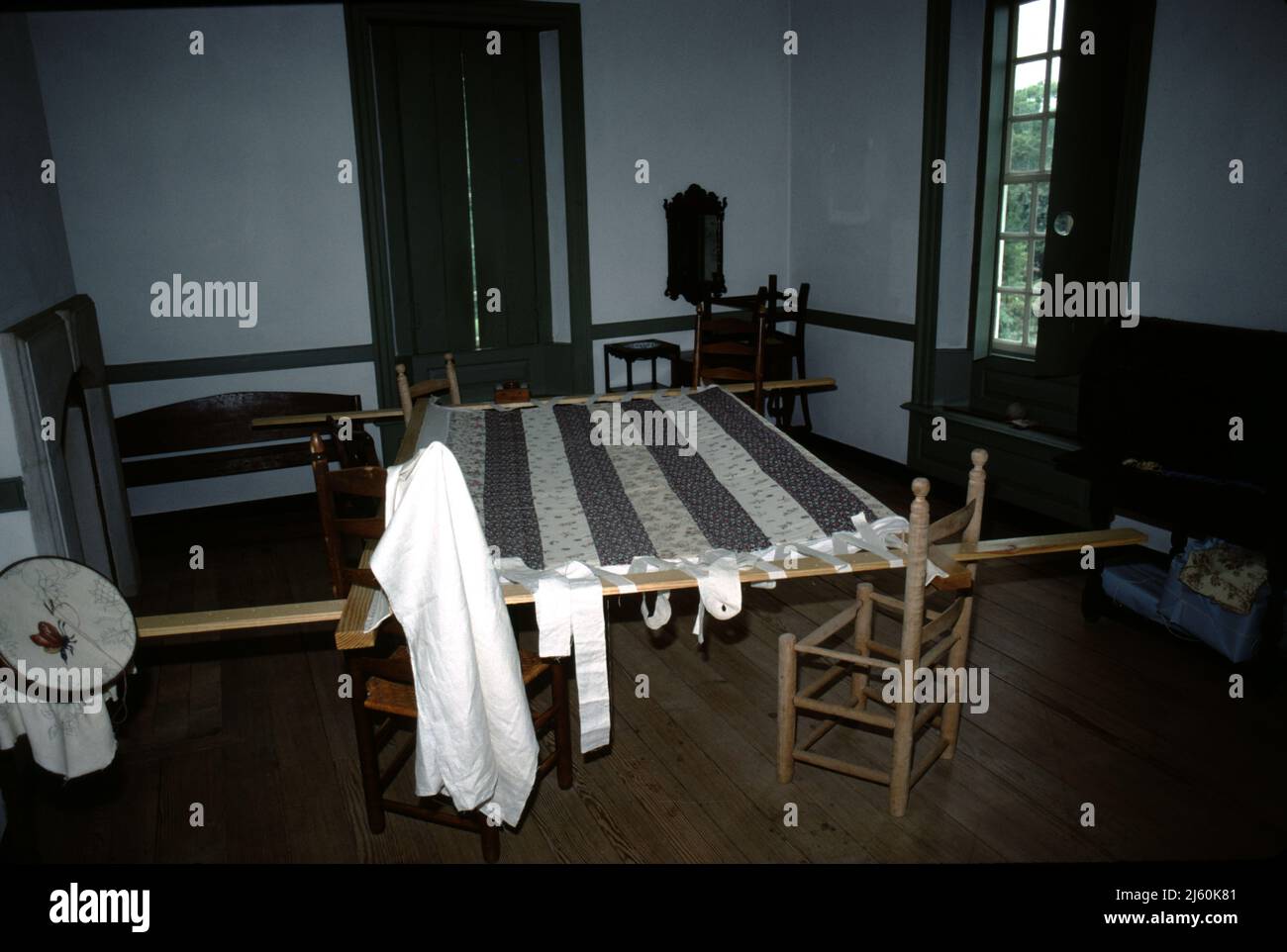 Williamsburg, VA. U.S.A. 9/1987. Colonial home interiors with bedrooms