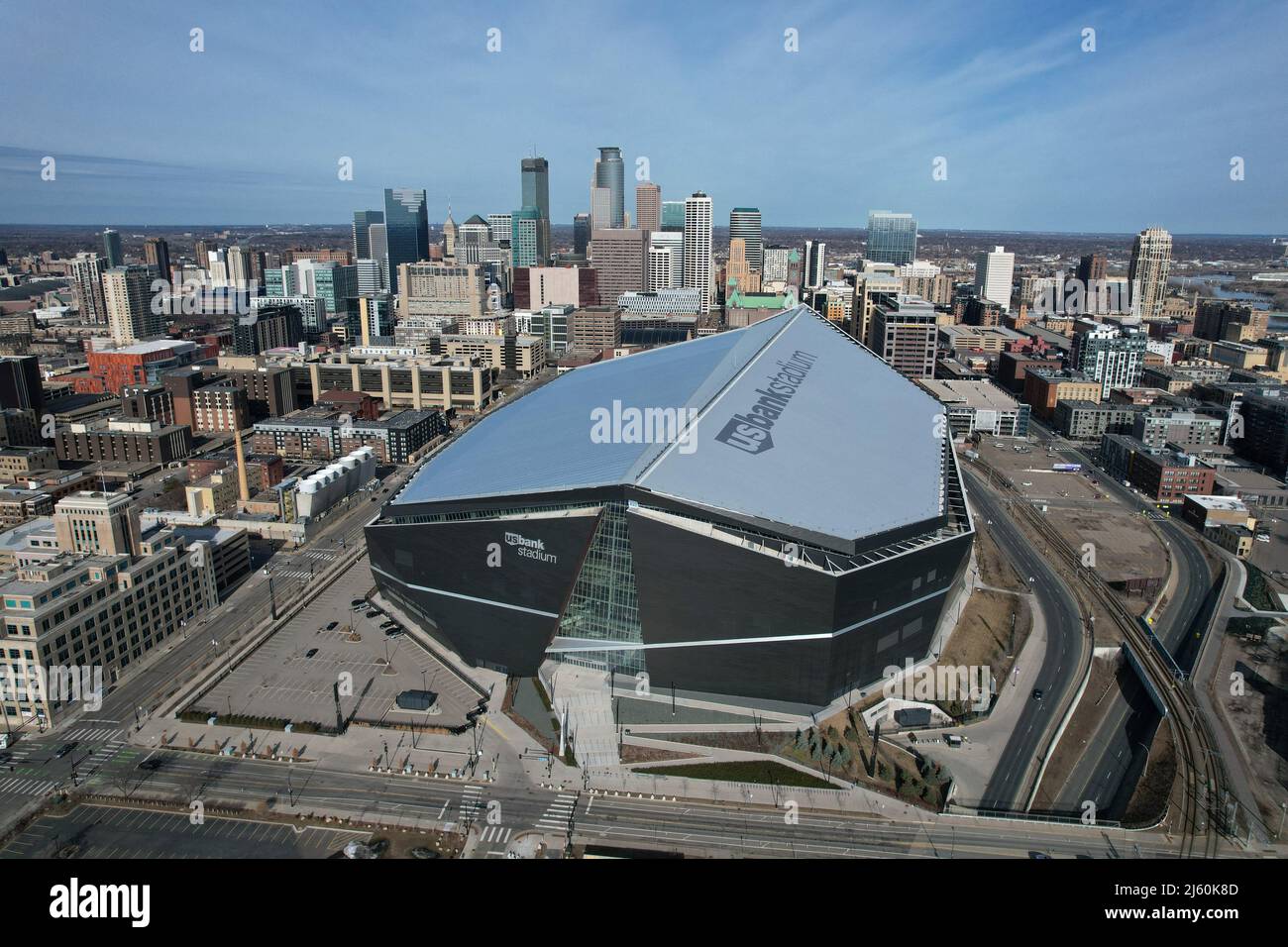An aerial view of US Bank Stadium, the home of the Minnesota Vikings, Sunday, Apr. 3, 2022, in Minneapolis. Stock Photo