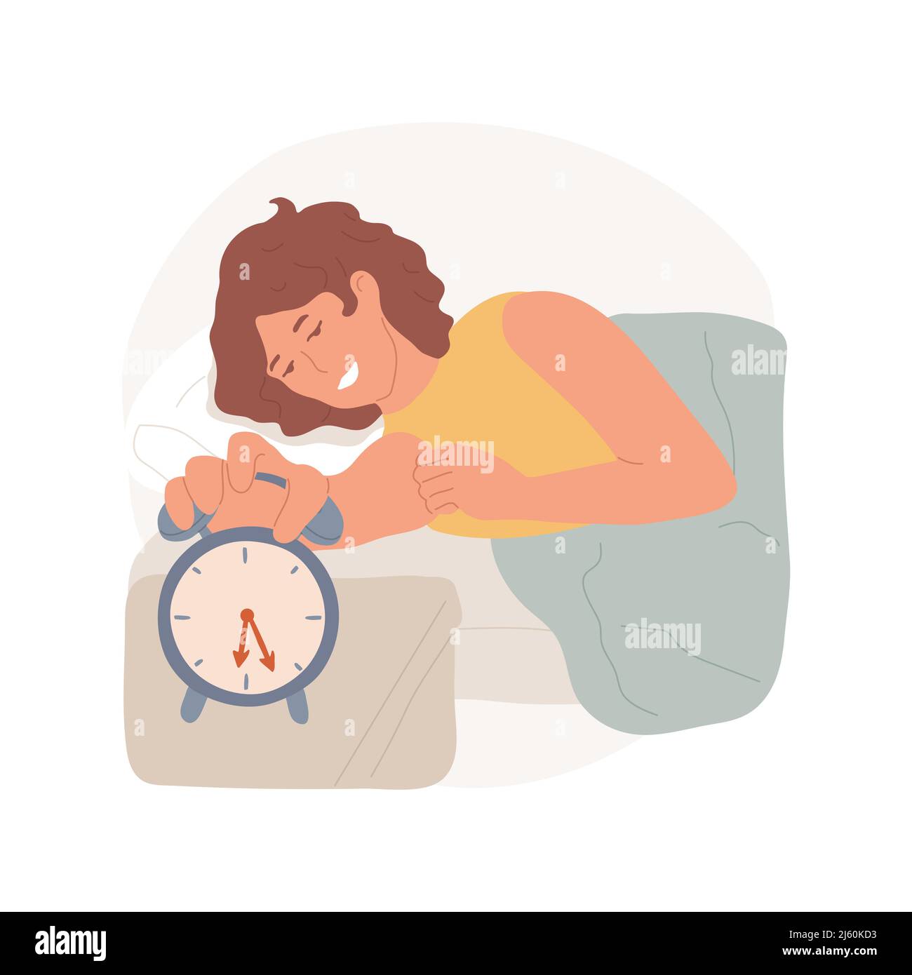 Waking up isolated cartoon vector illustration. Person holding hand on ringing alarm clock, family daily routine, waking up in the morning, kids playing around, lying in bed vector cartoon. Stock Vector
