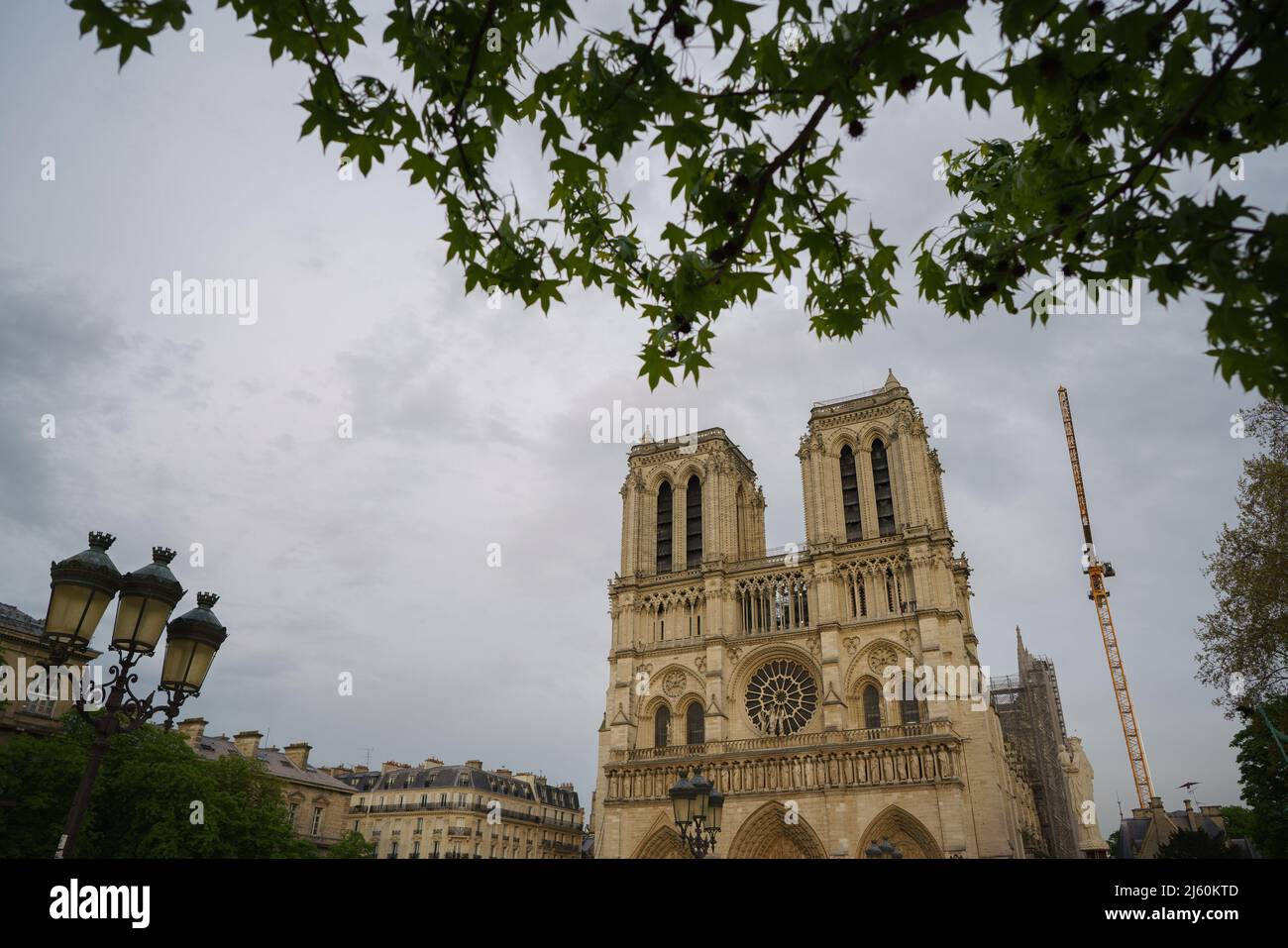 A view of Notre Dame cathedral, three years after the fire which destroyed the cathedral's roof and toppled its spire, in Paris. April 15th, 2022, marks the third anniversary of the Notre Dame fire. The blaze, which broke out in the early evening of April 15, 2019 destroyed the 800-year-old wooden roof of Notre Dame Cathedral, causing heavy damage to the inside of the landmark. The fire, melted hundreds of tonnes of lead within the cathedral's roof, causing its famous spire to collapse. Stock Photo