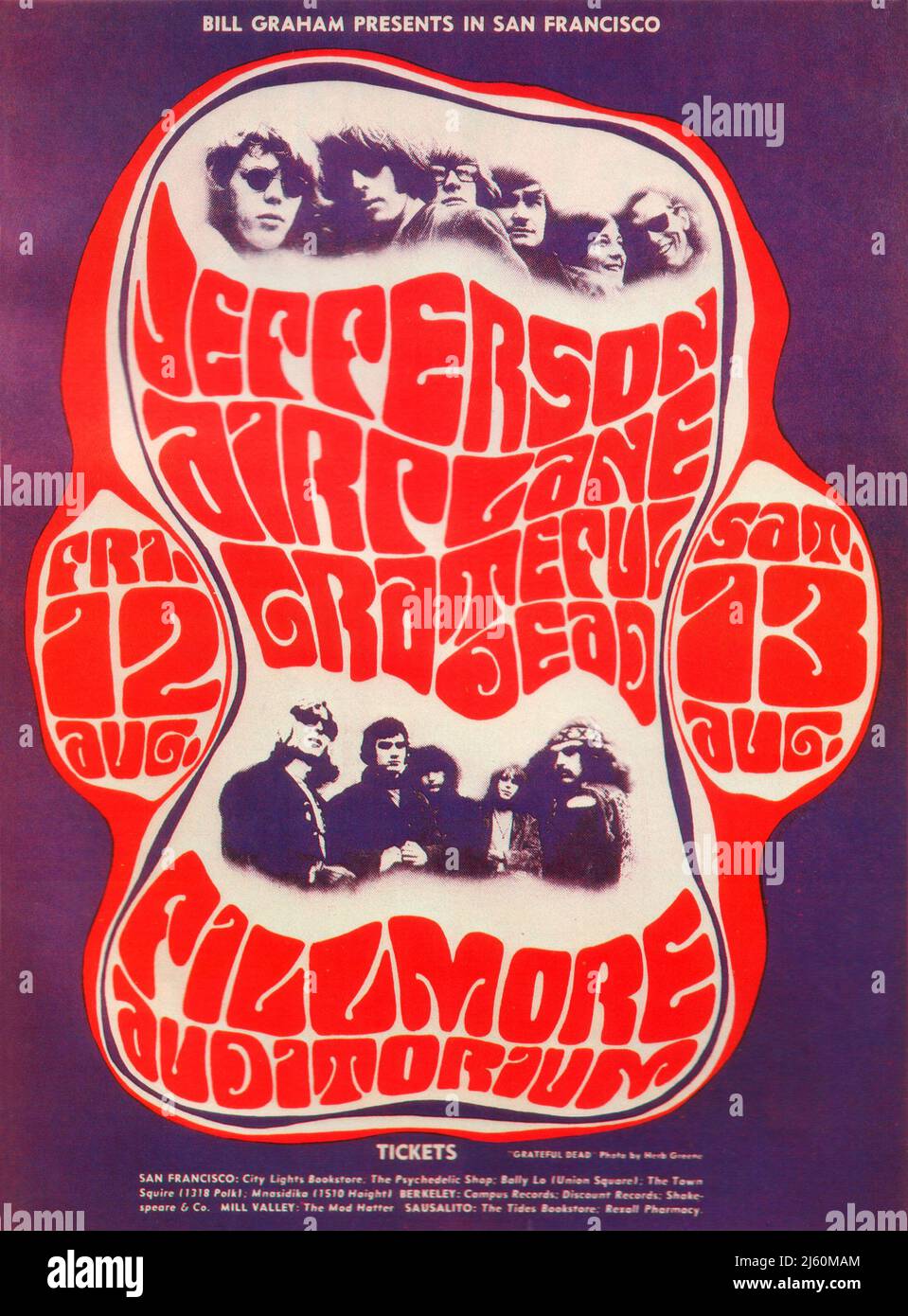 Poster for Jefferson Airplane and Grateful Dead concerts at the Fillmore Auditorium, San Francisco, in August 1966. Stock Photo