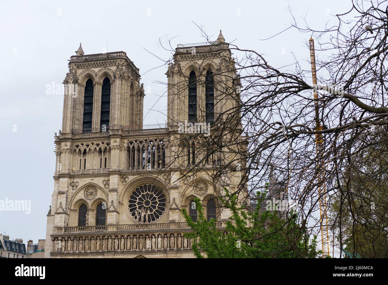 Paris, France. 13th Apr, 2022. A view of Notre Dame cathedral, three years after the fire which destroyed the cathedral's roof and toppled its spire, in Paris. April 15th, 2022, marks the third anniversary of the Notre Dame fire. The blaze, which broke out in the early evening of April 15, 2019 destroyed the 800-year-old wooden roof of Notre Dame Cathedral, causing heavy damage to the inside of the landmark. The fire, melted hundreds of tonnes of lead within the cathedral's roof, causing its famous spire to collapse. (Credit Image: © Atilano Garcia/SOPA Images via ZUMA Press Wire) Stock Photo