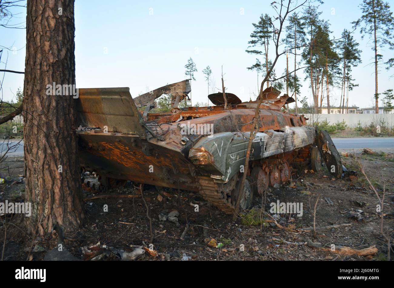Dmytrivka village, Kyiv region, Ukraine - April 14, 2022: Destroyed infantry fighting vehicle with a white painting V of the Russian army. Stock Photo