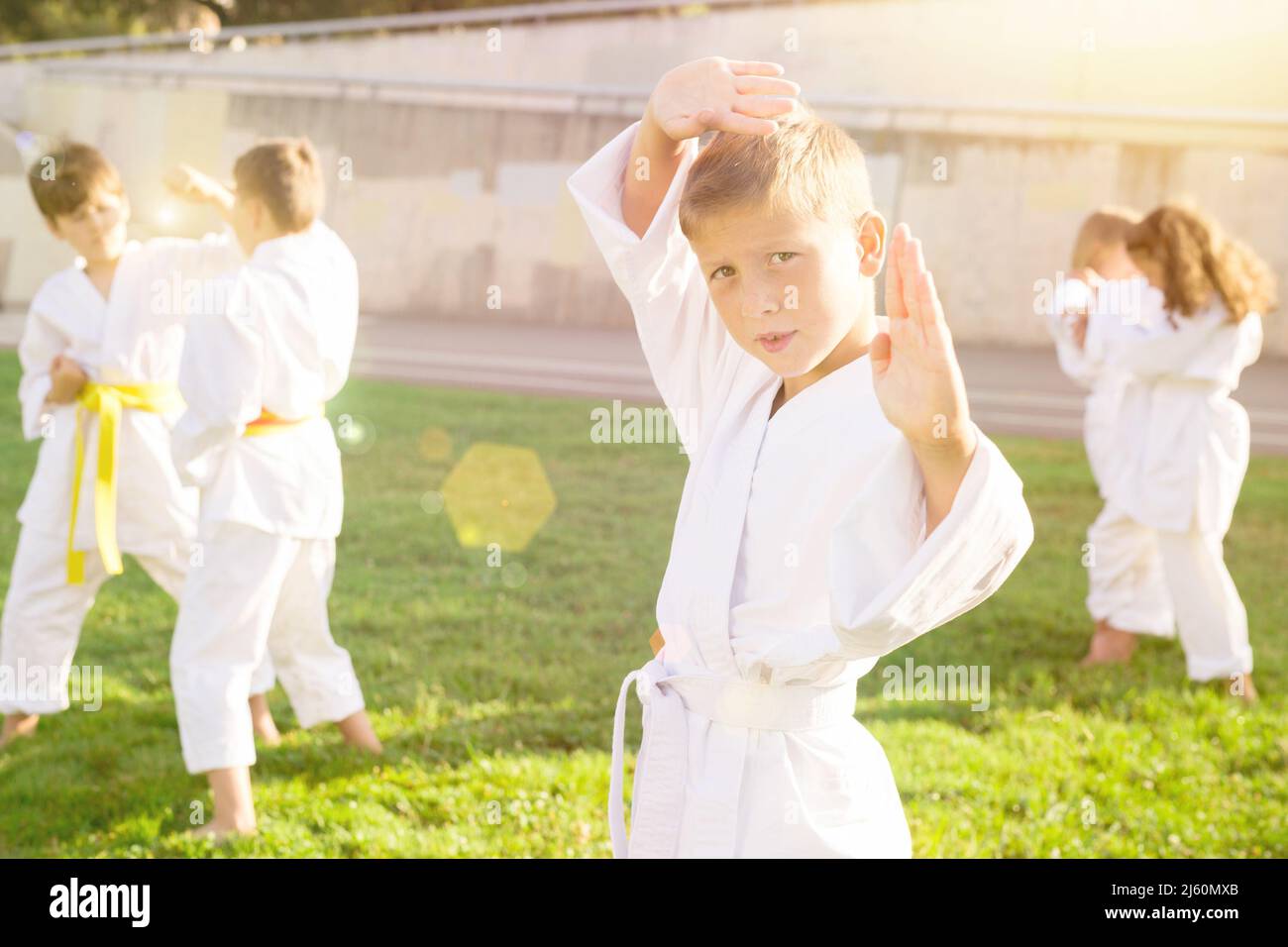 Boy throws a punch at martial arts practice Stock Photo Alamy
