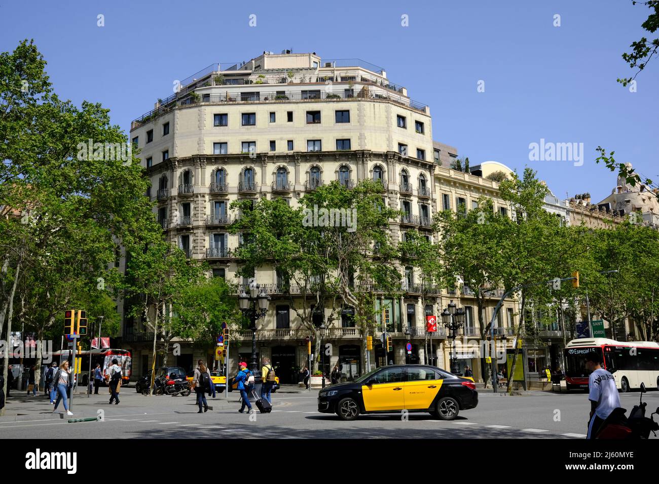 Street scene near Obelisk Square in Barcelona, Spain Stock Photo