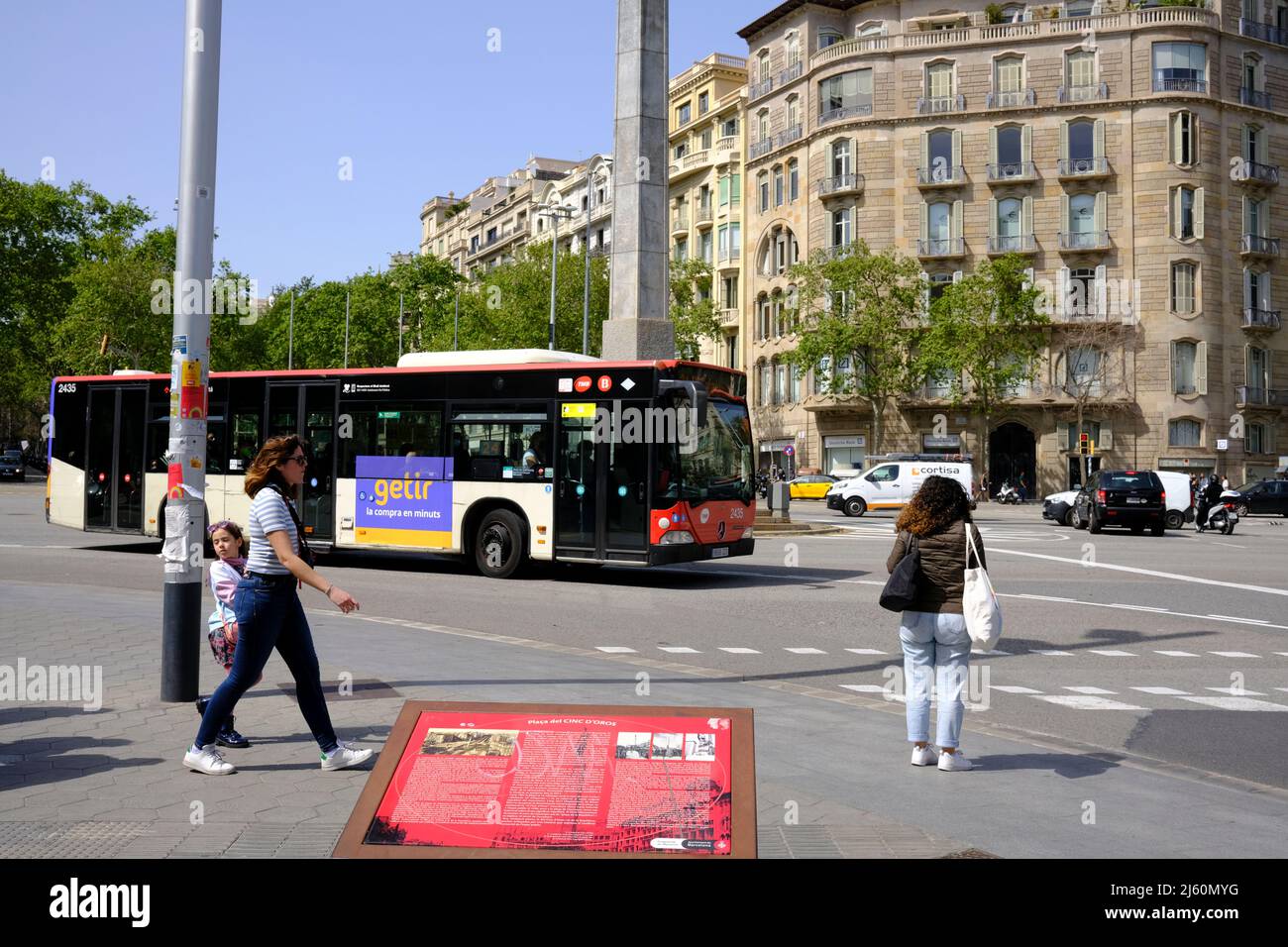 Street Scene in Obelisk Square in Barcelona, Spain Stock Photo