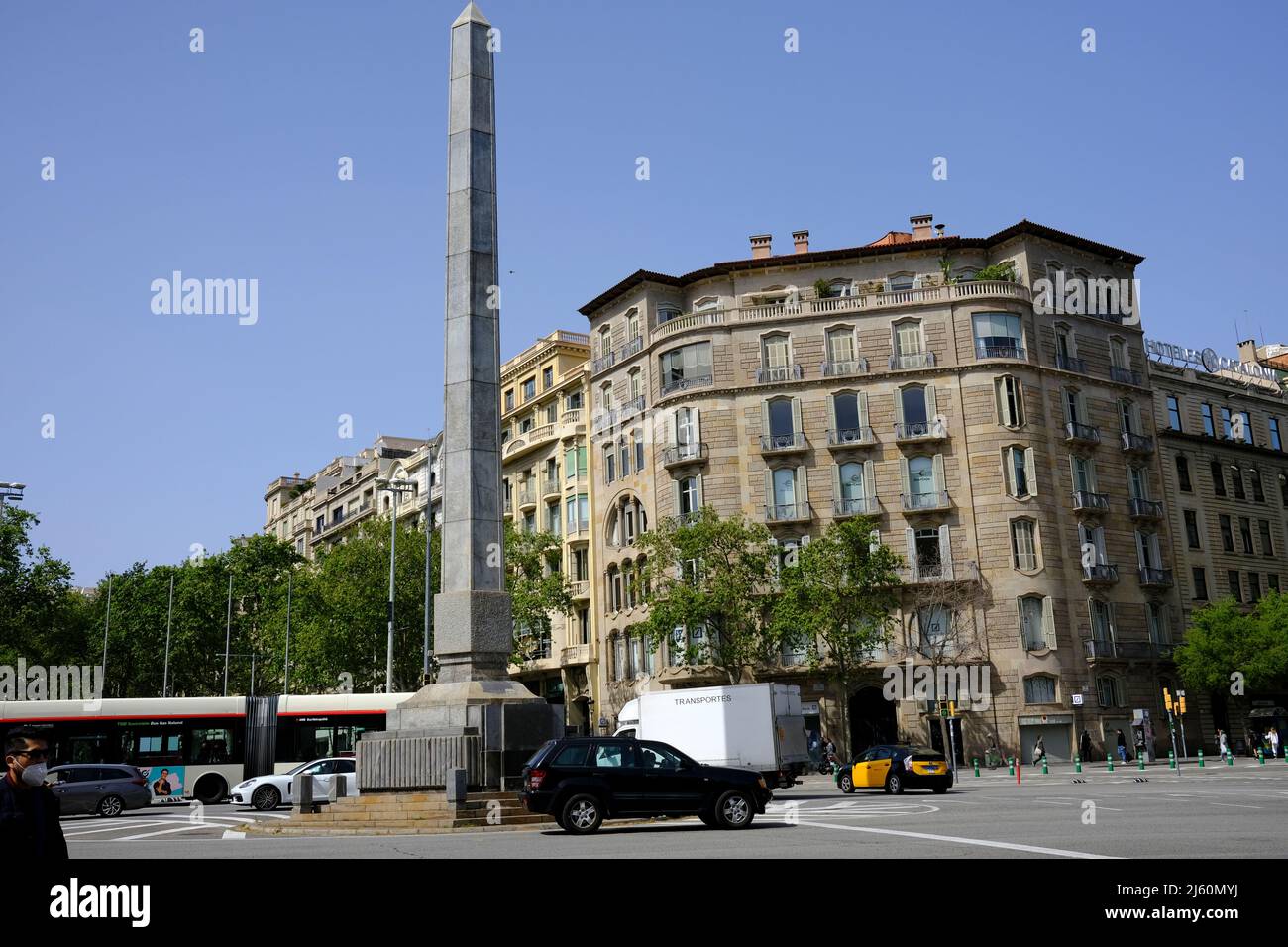 Street Scene in Obelisk Square in Barcelona, Spain Stock Photo