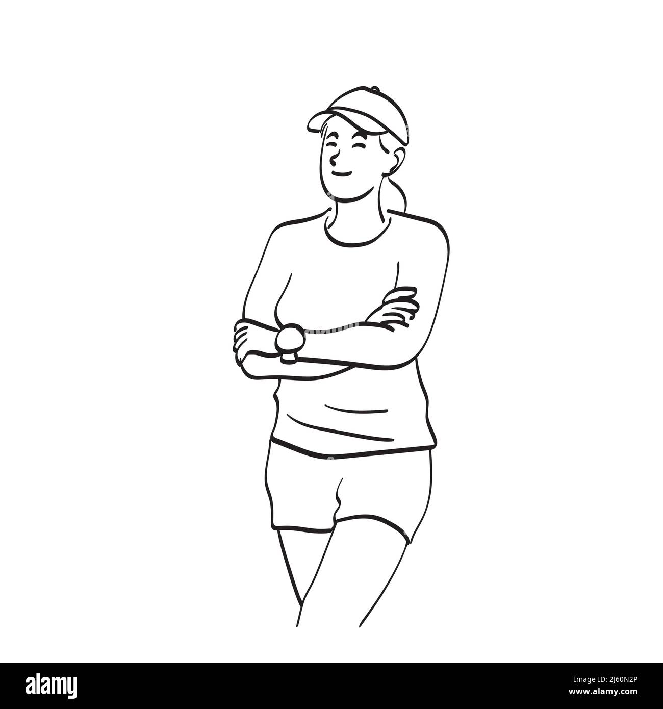 line art half length woman with cap standing and arm cross illustration ...