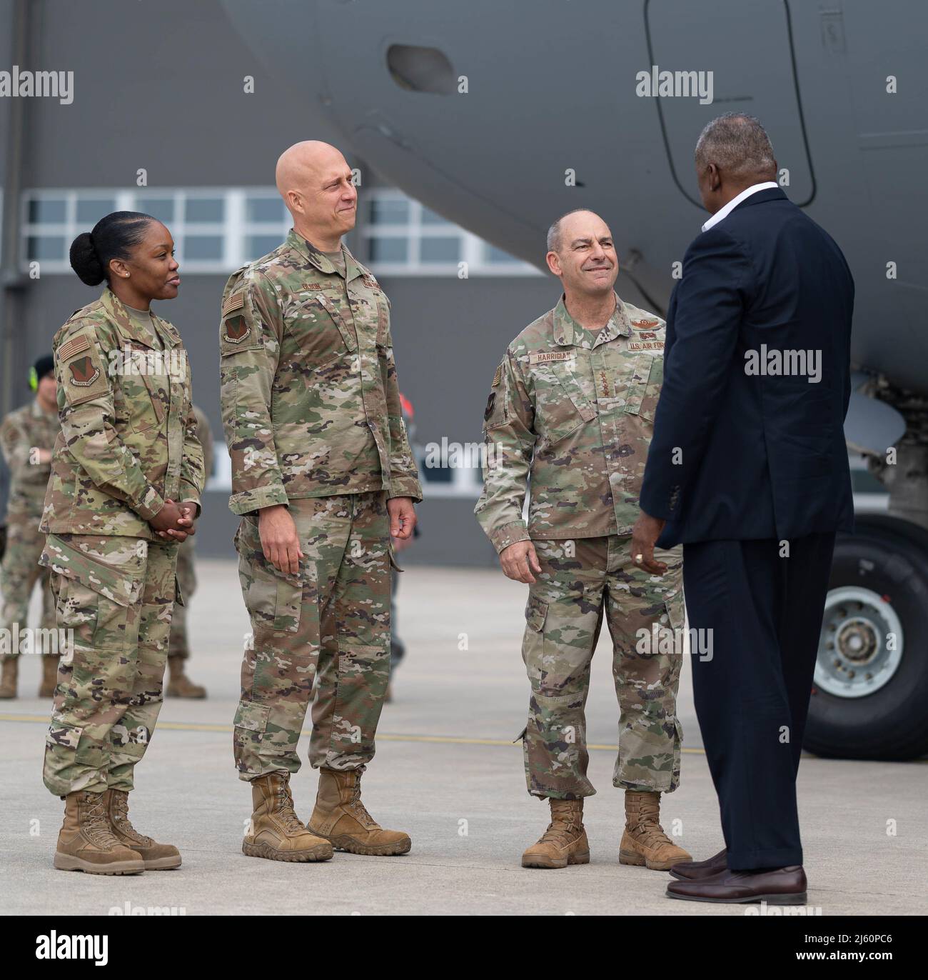 U.S. Secretary of Defense Lloyd Austin III (right) is greeted by (right to left) U.S. Air Force Gen. Jeffrey L. Harrigian, U.S. Air Forces in Europe and Air Forces Africa commander, Brig. Gen. Joshua Olson, 86th Airlift Wing commander and 86 AW Command Chief Master Sgt. Charmaine Kelley, at Ramstein Air Base, Germany, April 25, 2022. Secretary Austin invited Ministers of Defense and senior military officials to Ramstein this week to discuss the ongoing crisis in Ukraine and various issues facing U.S. allies and partners.  (U.S. Air Force photo by Airman 1st Class Edgar Grimaldo) Stock Photo