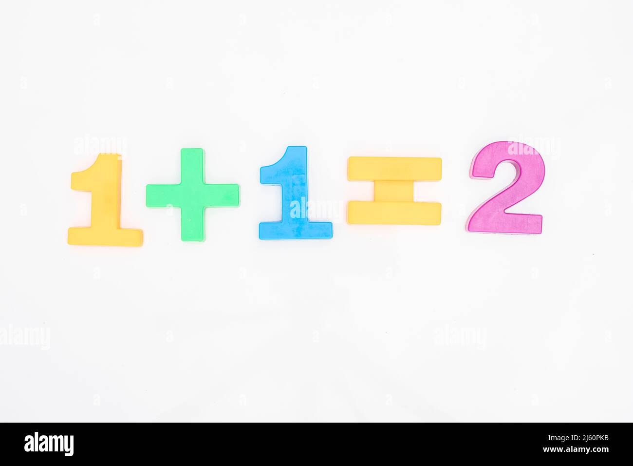 Math one plus one is equal to two of the colored numbers on white background Stock Photo