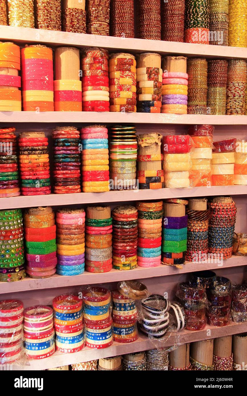 Display of colorful bracelets, Bundi old town, Rajasthan, India Stock Photo
