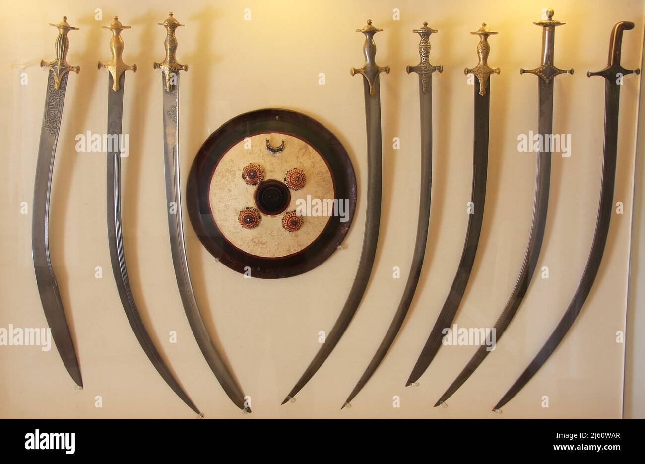 Display of traditional swords, Mehrangarh Fort museum, Jodhpur, Rajasthan, India Stock Photo