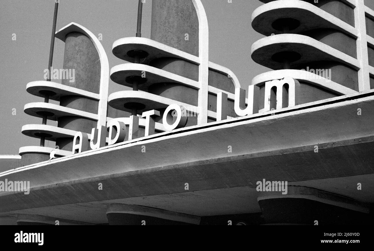 The Art Deco/ Moderne facade of the Pan Pacific Auditorium in Los Angeles, CA Stock Photo
