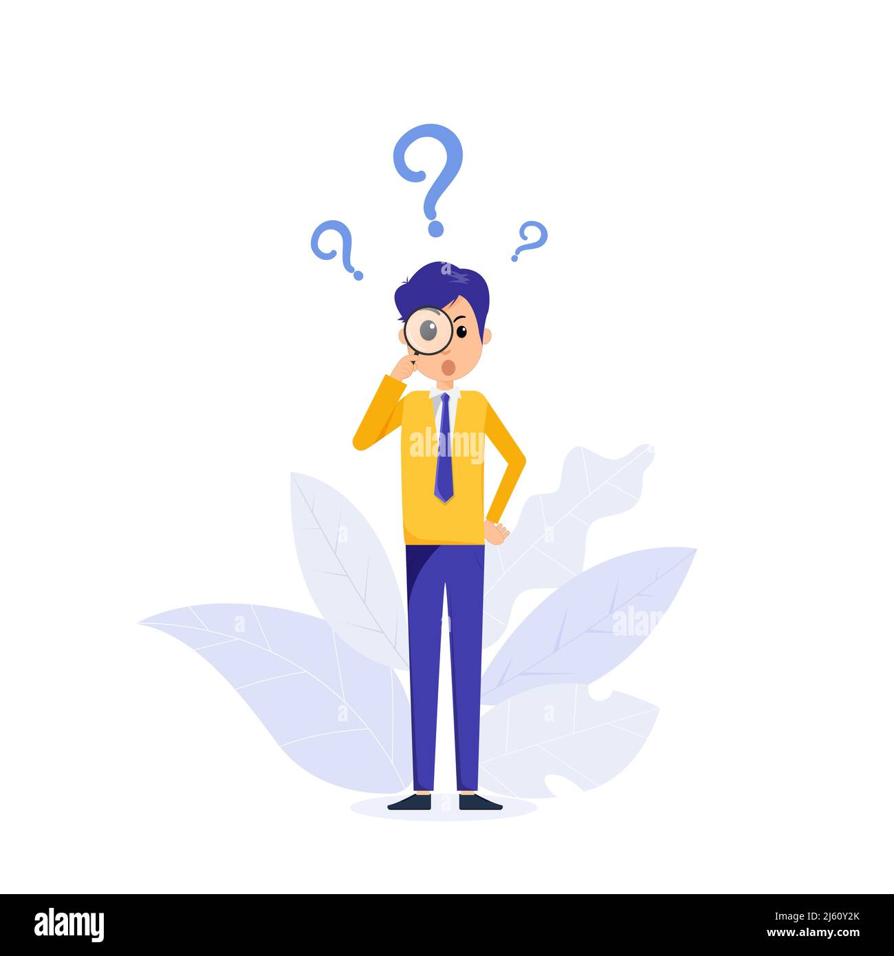 Businessman holding magnifying glass and looking through it at interrogation points. Concept of frequently asked questions, query, investigation, sear Stock Vector