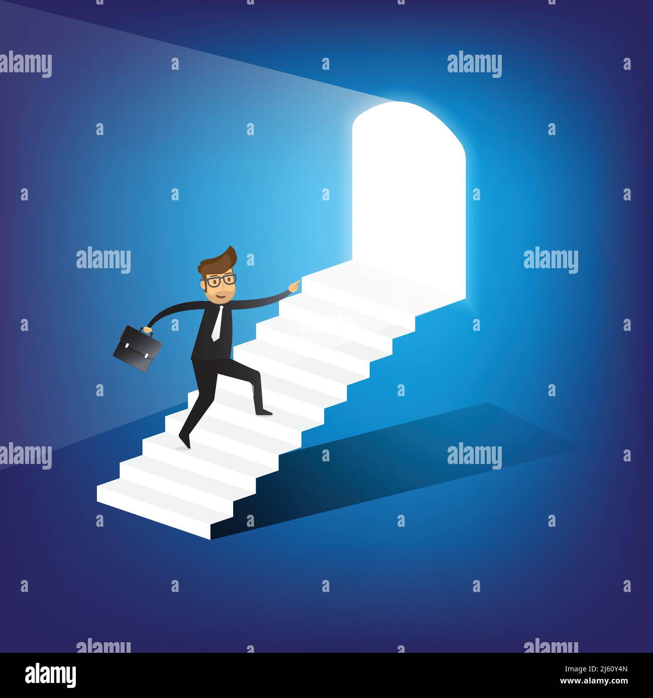 Businessman running up stairway to the door. Business concept growth ...